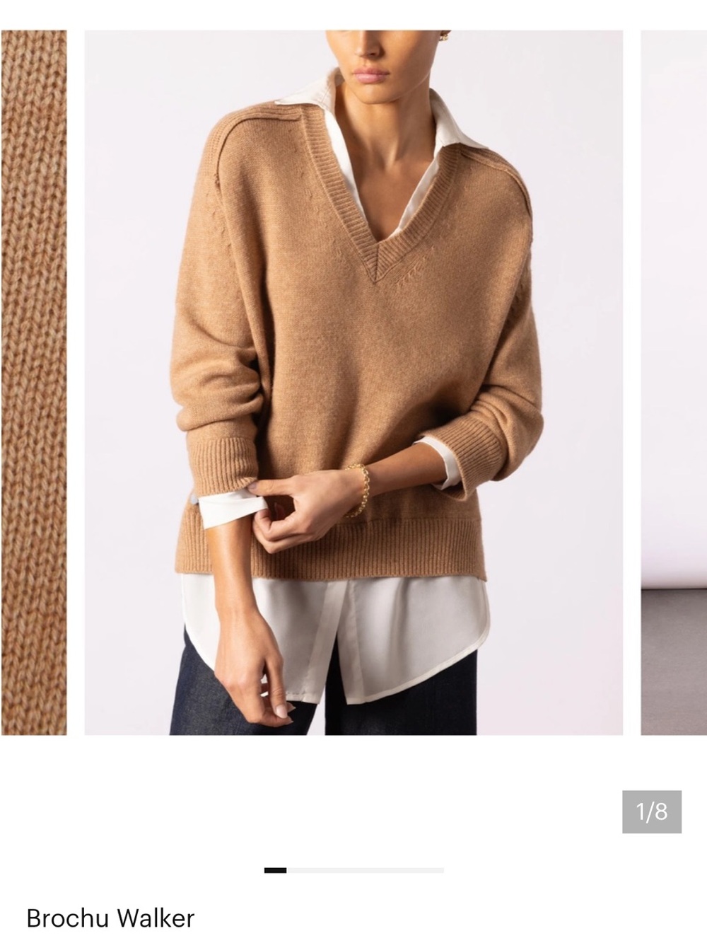 Brochu Walker Cashmere Tan-Beige V-Neck Layered Sweater with Shirt Hem XS